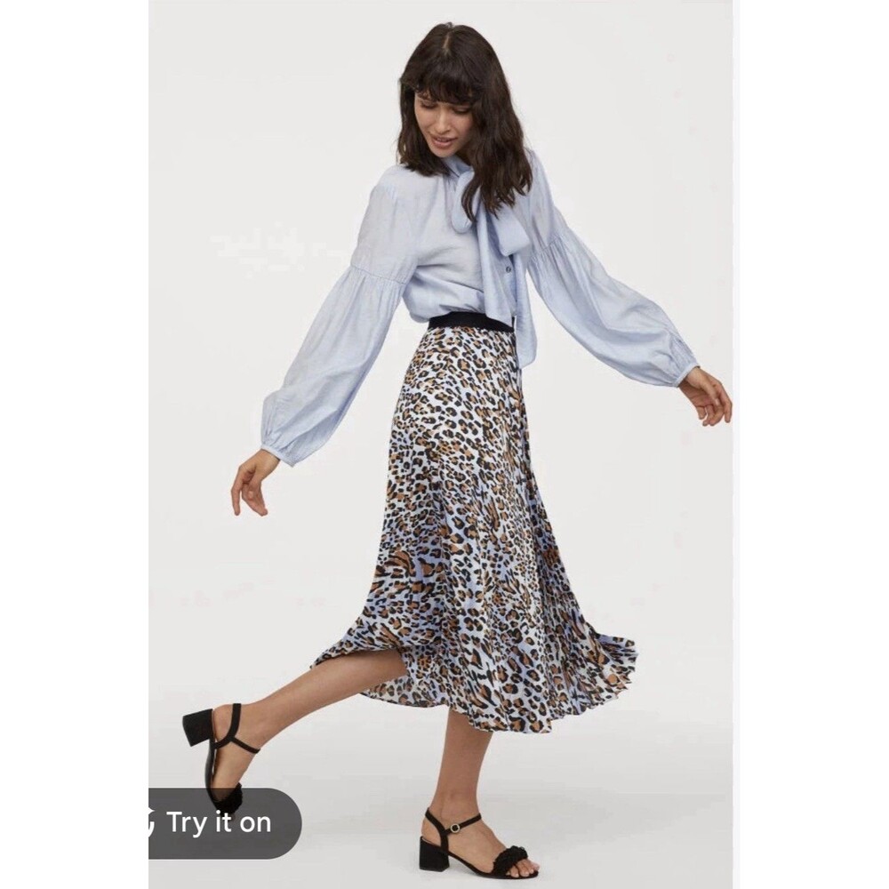 H&M Small Tan Pleated Midi Skirt Elastic Waist Animal Print Neutral US 6